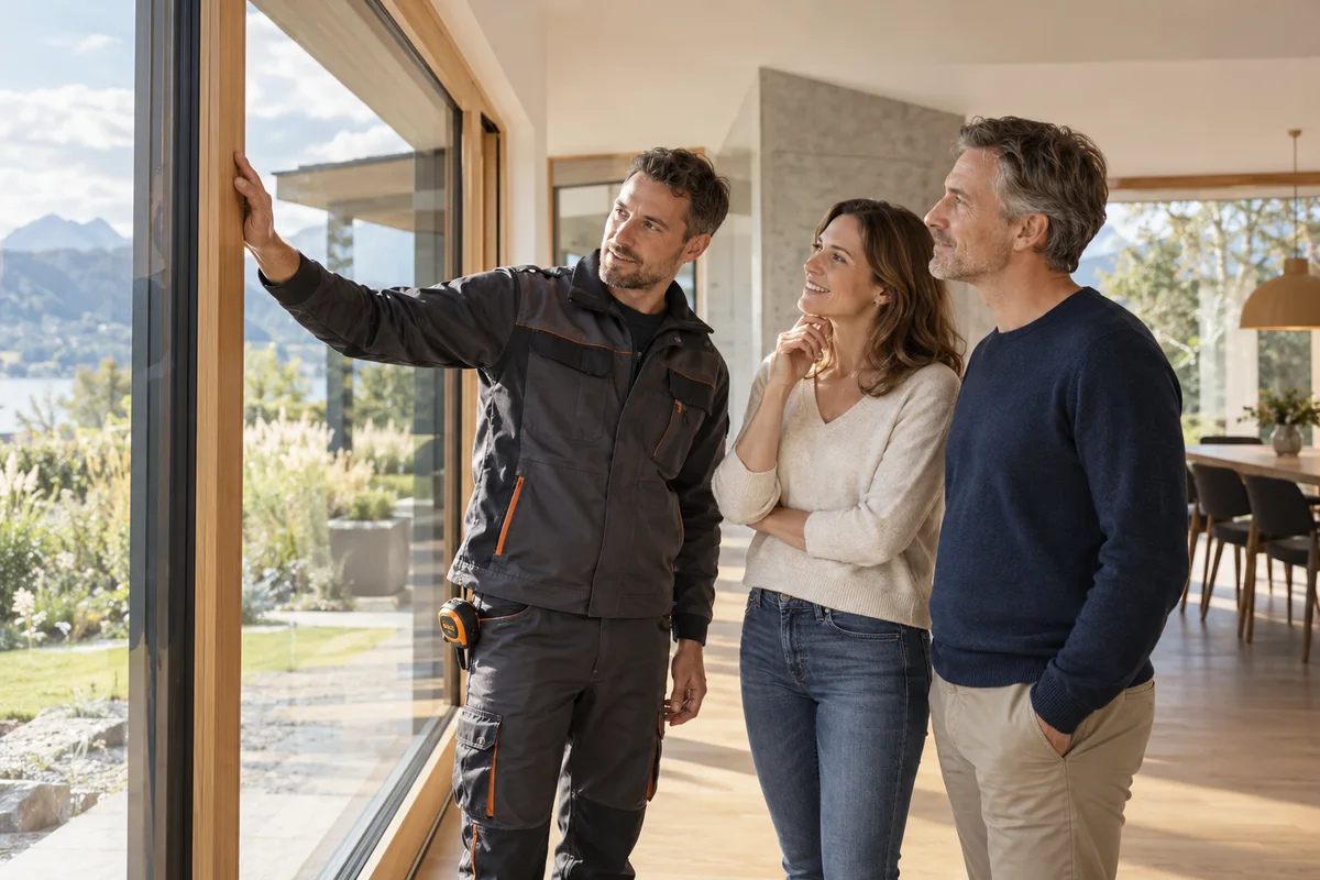 Illustrative Szene: Fensterberater erklärt Hauseigentümern eine Modernisierung
